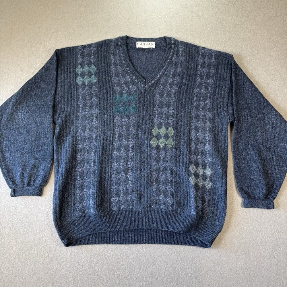 VTG Cassan Bueckle Sweater Mens L Blue Argyle Diamond Knit Pullover Grandpa 90s‎
